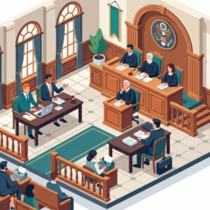 Изометрическая иллюстрация судебного представительства для правового сопровождения онлайн-магазинов на чистом белом фоне